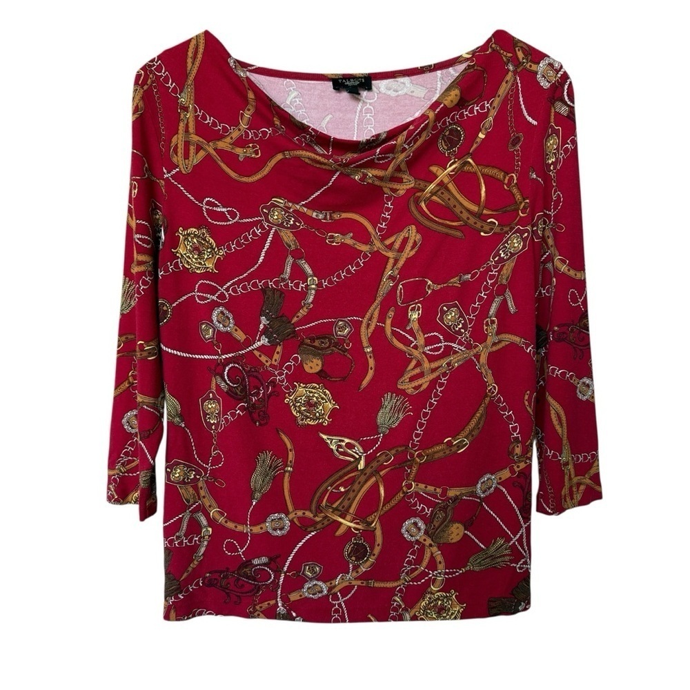 Talbots Women's Petite Red Equestrian Print Draped Neck Blouse S 3/4 Sleeve